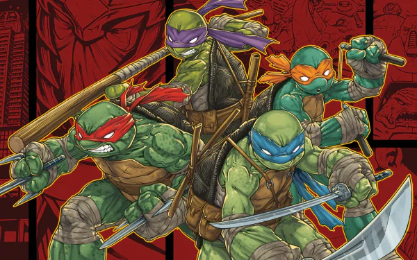HD PC desktop wallpaper/background of the Teenage Mutant Ninja Turtles from the video game Teenage Mutant Ninja Turtles: Mutants in Manhattan — Leonardo, Donatello, Michelangelo, Raphael ready for battle.