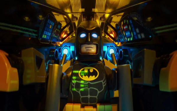 HD desktop wallpaper featuring Batman from The Lego Batman Movie, showcasing a detailed Lego figure in a vibrant, illuminated cockpit.