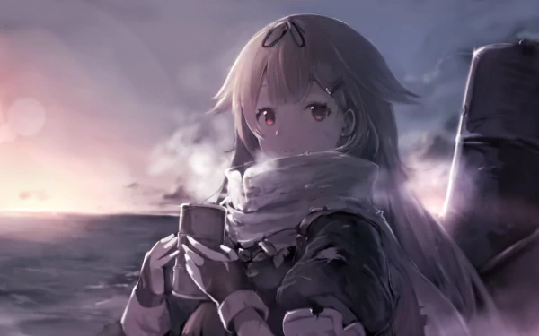A stunning HD wallpaper featuring Yuudachi from Kancolle, set against a dramatic sunset backdrop, showcasing her unique character design in an anime art style.