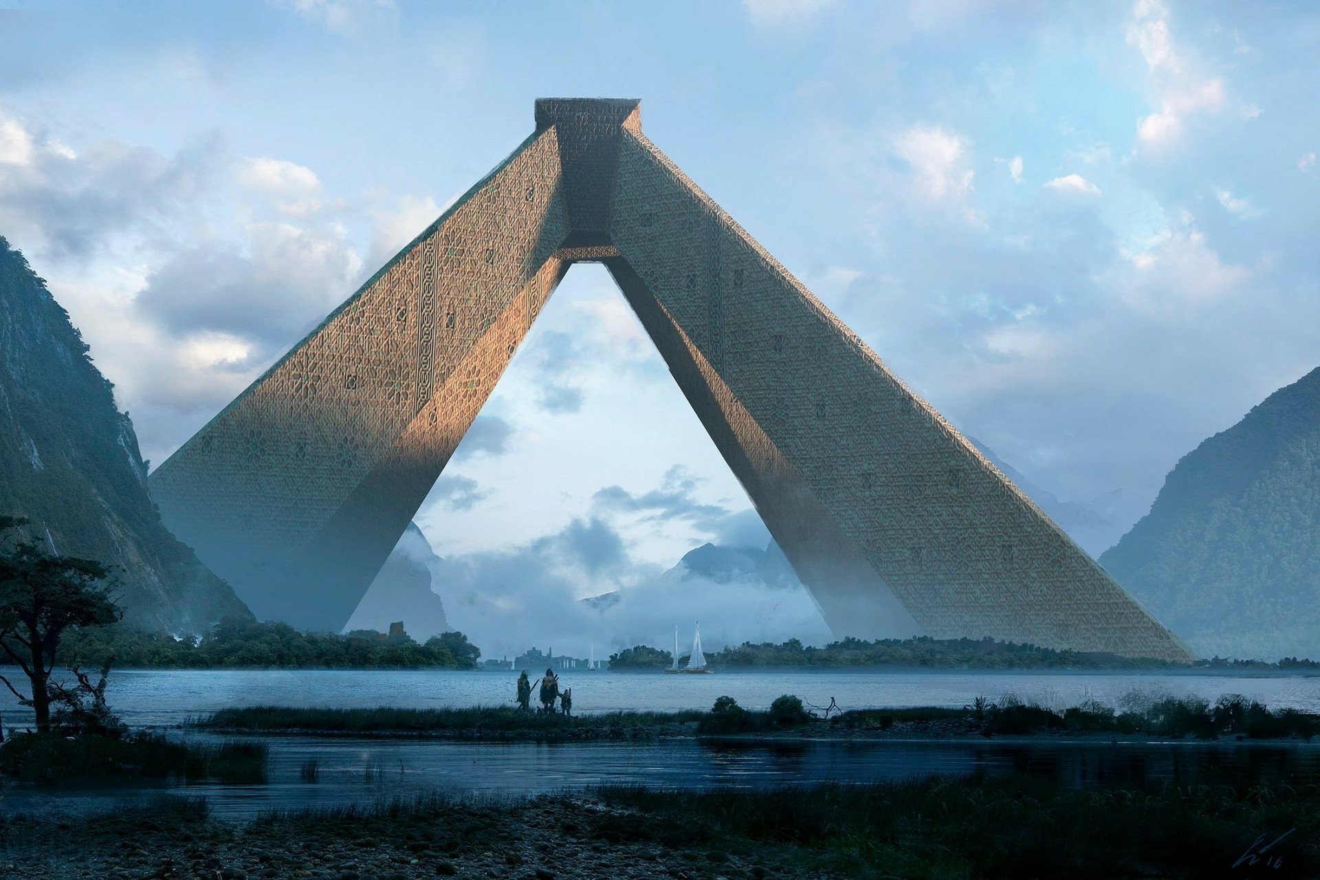 A serene lake landscape features an impressive fantasy building resembling two large triangular structures, surrounded by misty mountains and a tranquil sky.