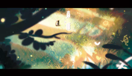 A serene HD wallpaper featuring Ginko from the anime Mushishi, set in a vibrant, enchanted landscape filled with lush greenery and ethereal elements.