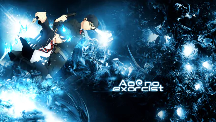 A dynamic HD wallpaper featuring Yukio and Rin Okumura from the anime Ao No Exorcist, set against a striking blue and abstract background, capturing the essence of their adventurous spirit.