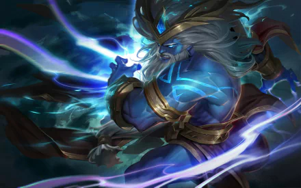 A powerful depiction of Zeus with white hair, wielding magic and surrounded by electric energy, embodies the essence of fantasy gods in this HD wallpaper.