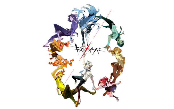 Anime wallpaper featuring Chidori Takashiro and Katsuhira Agata from Kiznaiver, showcasing vibrant character designs in a dynamic circular composition.