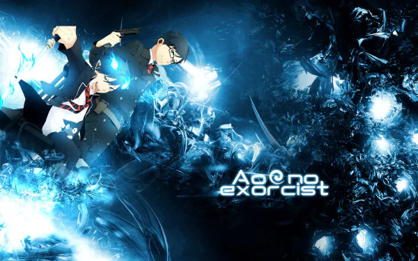 A dynamic HD wallpaper featuring Yukio and Rin Okumura from the anime Ao No Exorcist, set against a striking blue and abstract background, capturing the essence of their adventurous spirit.