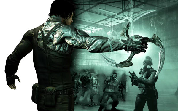 HD PC desktop wallpaper featuring a dark, intense scene from the video game Dark Sector with a character wielding a glowing, claw-like weapon against armed opponents.