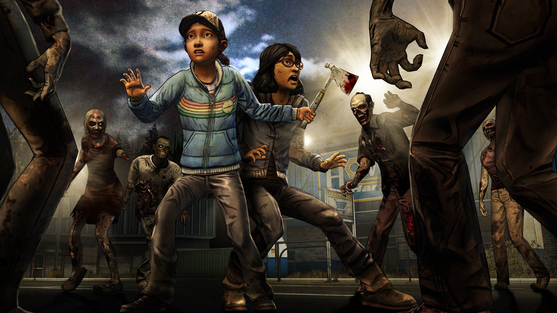 HD PC wallpaper featuring Clementine from The Walking Dead: Season 2 video game, surrounded by zombies in a tense, dark urban setting.