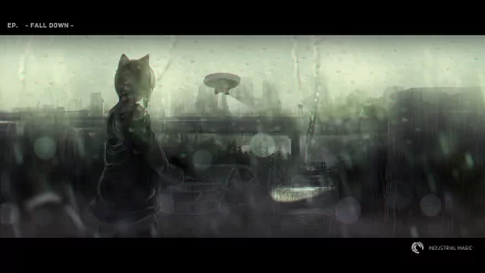 A captivating HD wallpaper featuring a cat girl amidst a rain-soaked urban landscape, blending anime aesthetics with an original artistic vision.