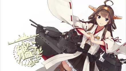 Kongou from Kantai Collection stands confidently in front of battleship cannons, featured in this vibrant HD desktop wallpaper inspired by anime aesthetics.