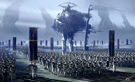 A striking HD wallpaper featuring a fantasy warrior army in armor, led by a towering statue holding a sword and banner, creating a dramatic and epic battlefield scene.