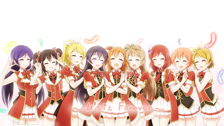 A vibrant HD desktop wallpaper featuring the beloved characters from Love Live!: Nico Yazawa, Nozomi Tojo, Umi Sonoda, Maki Nishikino, Kotori Minami, Honoka Kousaka, Hanayo Koizumi, Rin Hoshizora, and Eri Ayase.