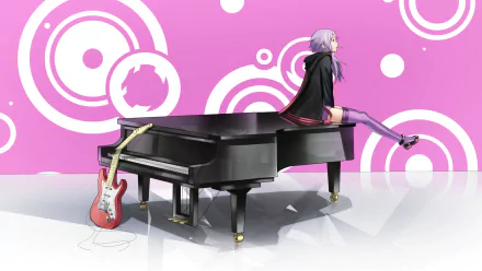 Yuzuki Yukari (Voiceroid/Vocaloid) anime character sits on a grand piano with a red electric guitar nearby on a pink circular-pattern HD PC desktop wallpaper/background.