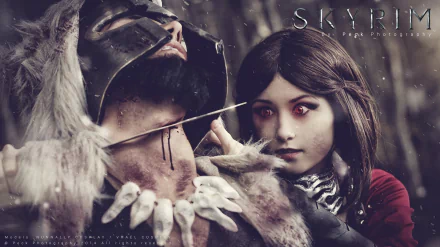 A woman cosplays as Serana from The Elder Scrolls V: Skyrim, featuring dramatic lighting and a striking pose that captures the essence of the game’s fantasy world.