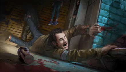 A dramatic HD wallpaper from the video game Dead By Daylight, depicting a terrified character reaching for safety amidst a dark and chilling atmosphere.