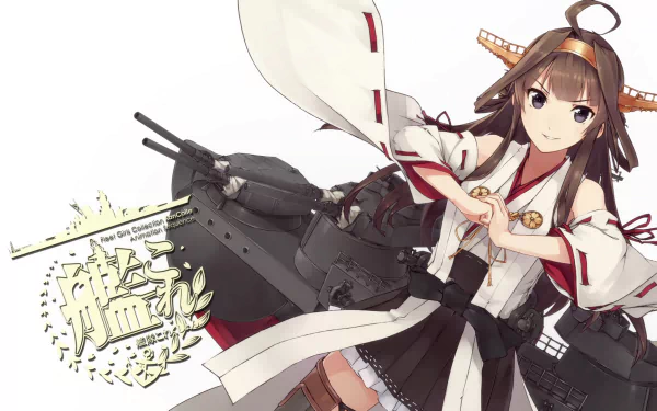 Kongou from Kantai Collection stands confidently in front of battleship cannons, featured in this vibrant HD desktop wallpaper inspired by anime aesthetics.