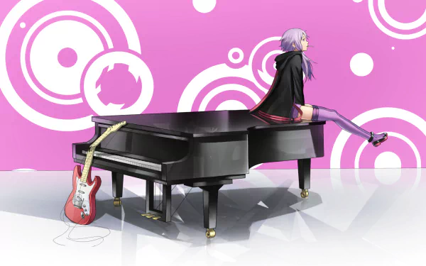 Yuzuki Yukari (Voiceroid/Vocaloid) anime character sits on a grand piano with a red electric guitar nearby on a pink circular-pattern HD PC desktop wallpaper/background.