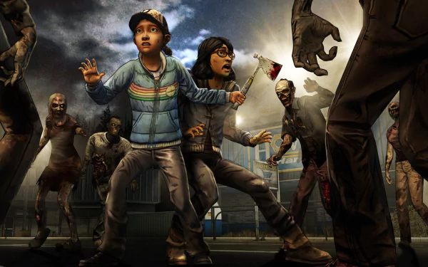 HD PC wallpaper featuring Clementine from The Walking Dead: Season 2 video game, surrounded by zombies in a tense, dark urban setting.