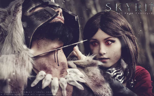 A woman cosplays as Serana from The Elder Scrolls V: Skyrim, featuring dramatic lighting and a striking pose that captures the essence of the game’s fantasy world.