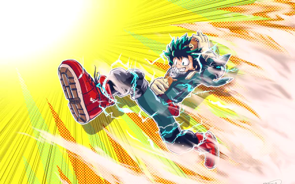Izuku Midoriya from My Hero Academia charges into action against a vibrant yellow backdrop, showcasing dynamic energy and movement in this striking HD anime wallpaper.