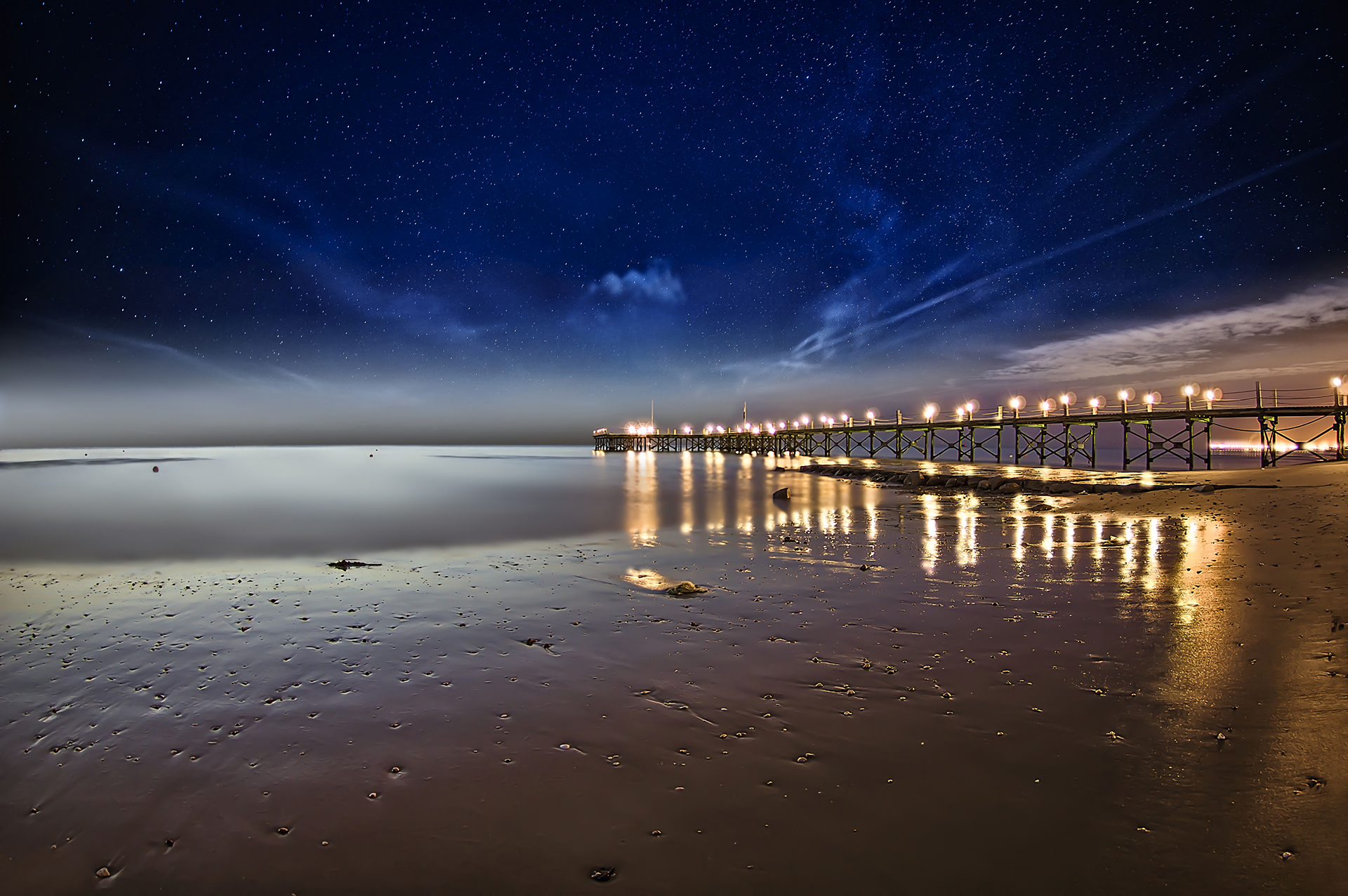 Download Night Starry Sky Sky Sea Ocean Man Made Pier HD Wallpaper by Nasser Osman