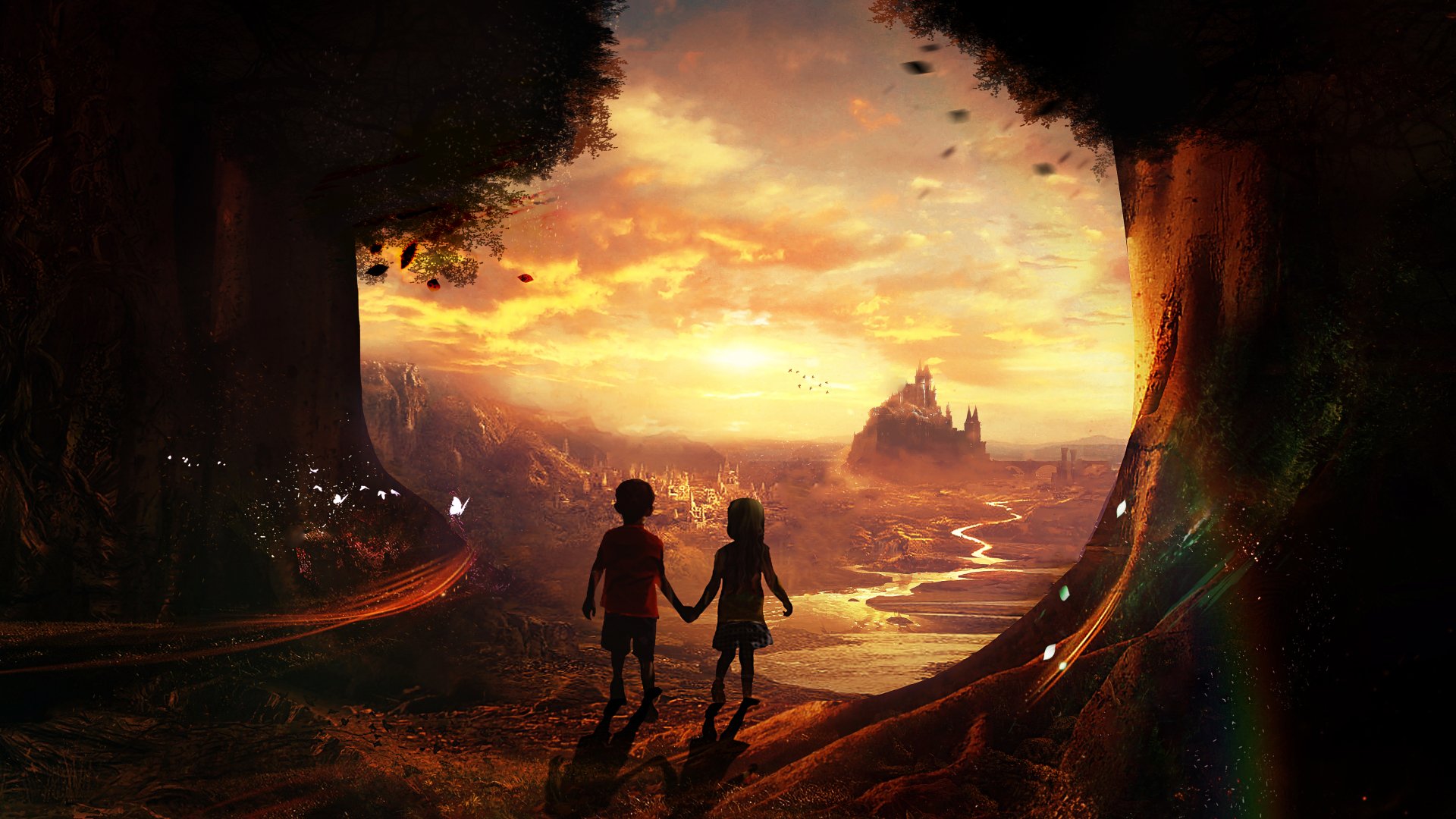 A fantasy-themed 4K Ultra HD wallpaper depicting two children holding hands, standing at a forest edge overlooking a glowing, magical castle at sunset.