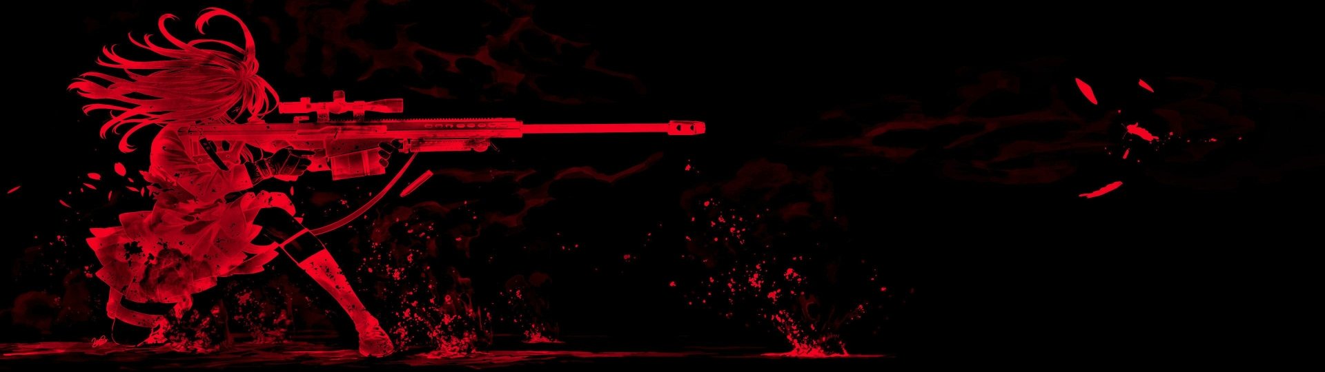 Anime original HD PC desktop wallpaper/background: stark black field with a red-silhouetted rifle on the left, spraying red splatter, embers and abstract energy.