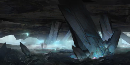 A mystical underground scene features a woman exploring a cavern adorned with glowing crystals, embodying a sense of magic and fantasy in this captivating HD wallpaper.