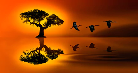 HD PC desktop wallpaper: sunset silhouette of a lone tree and cranes flying across an orange sky, their reflections mirrored on calm water.