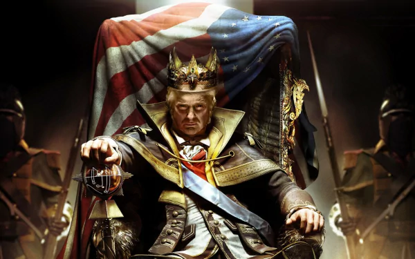 HD desktop wallpaper featuring a person draped in the American flag, styled as a regal figure with a crown, flanked by armored guards.