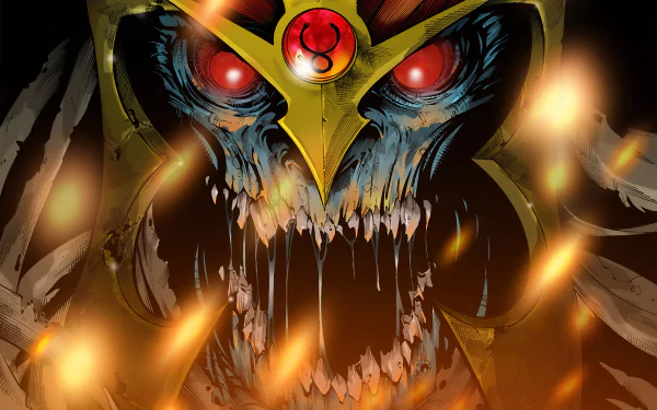 HD PC desktop wallpaper featuring a fierce, glowing-eyed villain from the 1985 Thundercats TV show, surrounded by fiery effects.