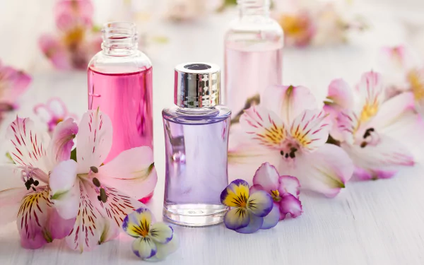 A 4K Ultra HD still life photo of delicate pink and purple flowers alongside bottles of colorful perfume on a light surface, creating a serene desktop wallpaper.