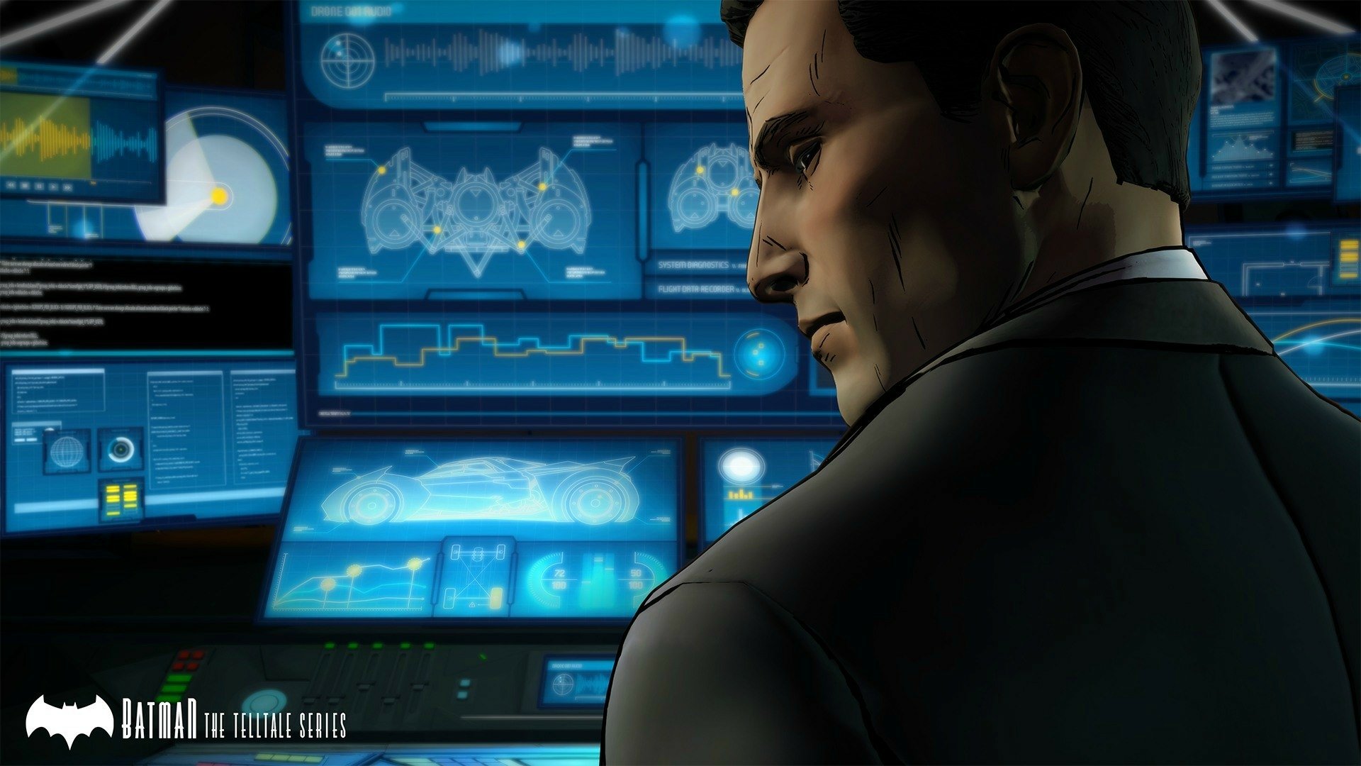 HD PC desktop wallpaper of Bruce Wayne/Batman from the video game Batman: The Telltale Series — profile shot in the Batcave with blue-lit computer consoles.