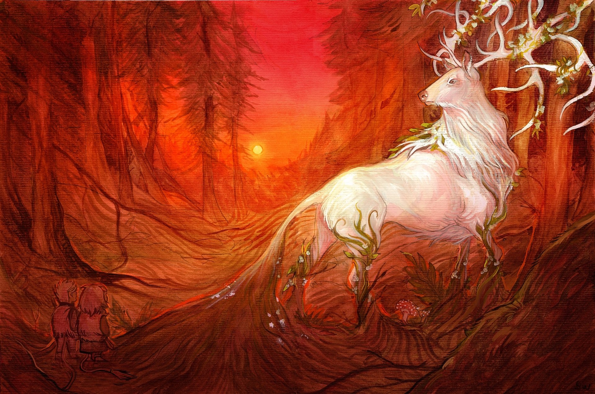 A mystical deer with antlers adorned in white stands in a vibrant orange forest at sunset, capturing the essence of fantasy in this stunning HD wallpaper.