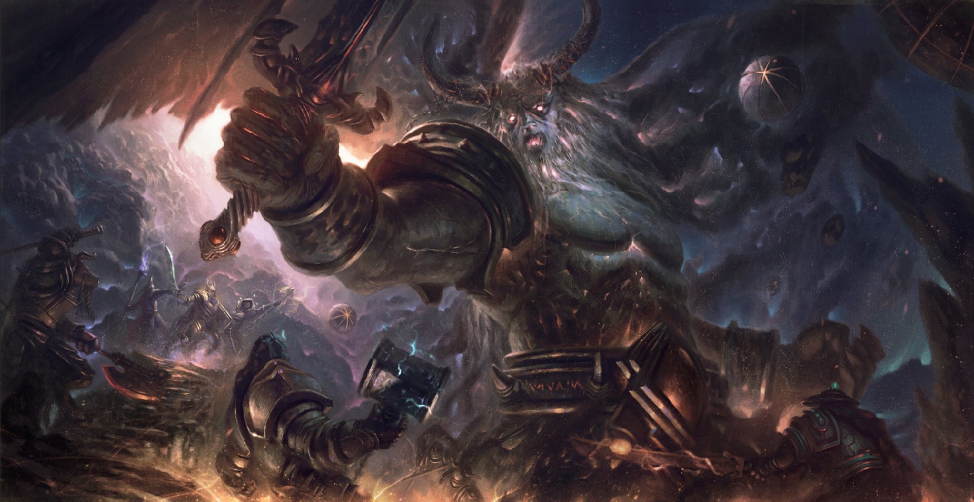 A powerful giant warrior with horns wields a massive hammer amidst a chaotic battle scene, featuring elements inspired by World of Warcraft in a stunning HD background.