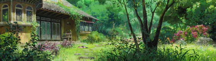 HD anime desktop wallpaper from The Secret World of Arrietty, featuring a lush green forest scene with a quaint house surrounded by vibrant foliage and sunlight.