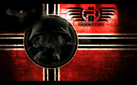 HD PC desktop wallpaper featuring a dark, industrial design with a gas mask and the Rammstein logo against a red and black background, reflecting the band's intense music style.
