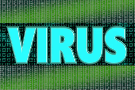 A vibrant 4K Ultra HD wallpaper featuring the word VIRUS in bright blue against a backdrop of green binary code, symbolizing technology and cyber threats.