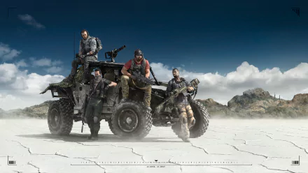 A group of four characters from Tom Clancy’s Ghost Recon Wildlands stands on an armored vehicle, set against a clear blue sky and rugged terrain in this 4K Ultra HD wallpaper.