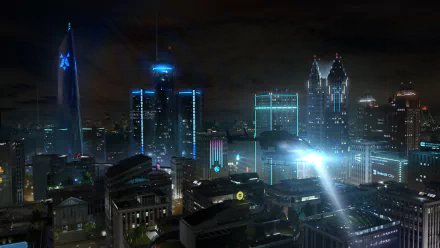 HD PC desktop wallpaper showcasing a futuristic cityscape from the video game Detroit: Become Human at night with glowing lights and towering skyscrapers.