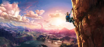 HD desktop wallpaper of Link from The Legend of Zelda: Breath of the Wild climbing a cliff, with a stunning landscape and vibrant sky in the background.