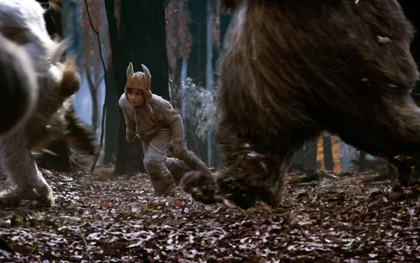 Scene from the movie Where the Wild Things Are, featuring a child in a costume surrounded by large creatures in a forest, displayed as a 4K Ultra HD PC desktop wallpaper.