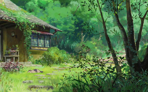 HD anime desktop wallpaper from The Secret World of Arrietty, featuring a lush green forest scene with a quaint house surrounded by vibrant foliage and sunlight.