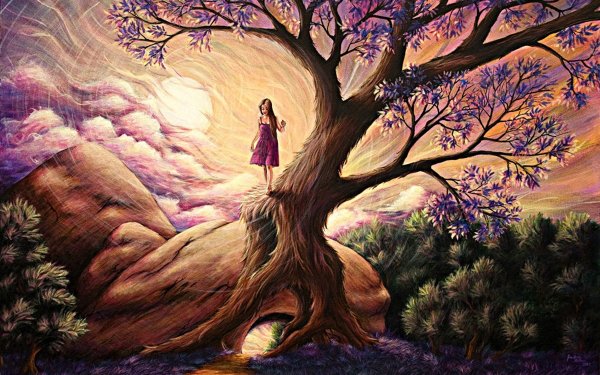 Fantasy Women Little Girl Tree HD Wallpaper | Background Image