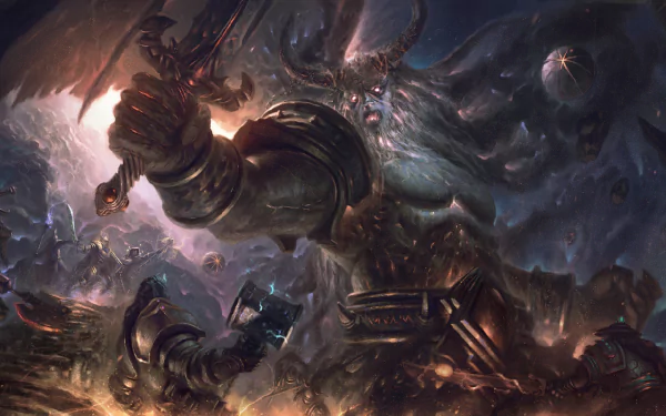 A powerful giant warrior with horns wields a massive hammer amidst a chaotic battle scene, featuring elements inspired by World of Warcraft in a stunning HD background.