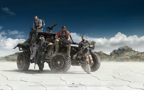 A group of four characters from Tom Clancy’s Ghost Recon Wildlands stands on an armored vehicle, set against a clear blue sky and rugged terrain in this 4K Ultra HD wallpaper.