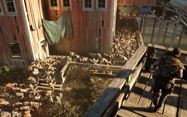 Deacon St. John navigates a zombie-filled landscape in this stunning HD desktop wallpaper from the video game Days Gone, showcasing intense action and survival atmosphere.