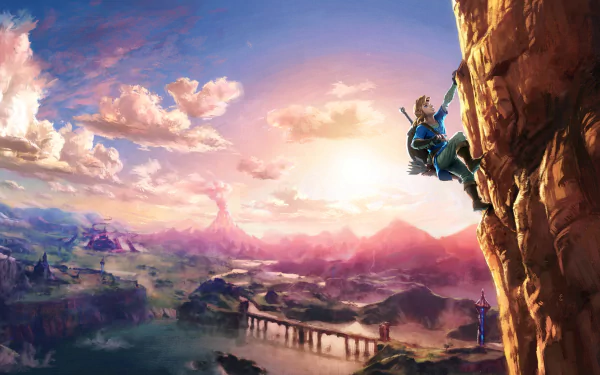 HD desktop wallpaper of Link from The Legend of Zelda: Breath of the Wild climbing a cliff, with a stunning landscape and vibrant sky in the background.