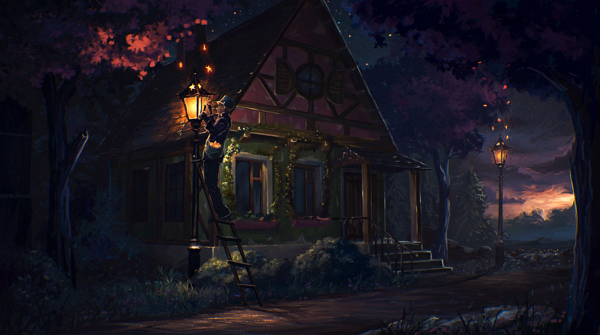 A fantasy house nestled among trees at night, illuminated by glowing street lamps, rendered as a 4K Ultra HD PC desktop wallpaper and background.