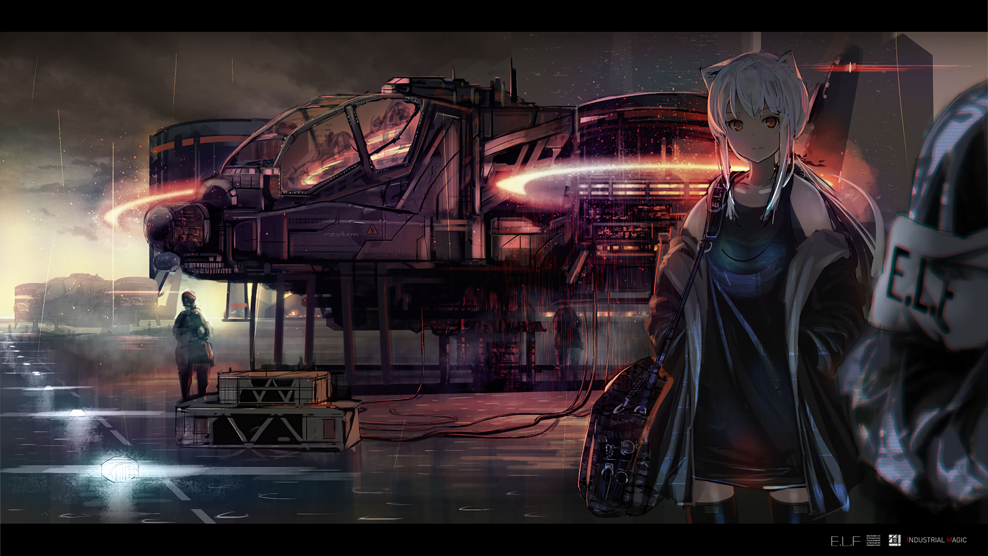 A stunning HD anime and sci-fi wallpaper depicting a futuristic scene with a character standing near a sleek aircraft, surrounded by an atmospheric, industrial setting.