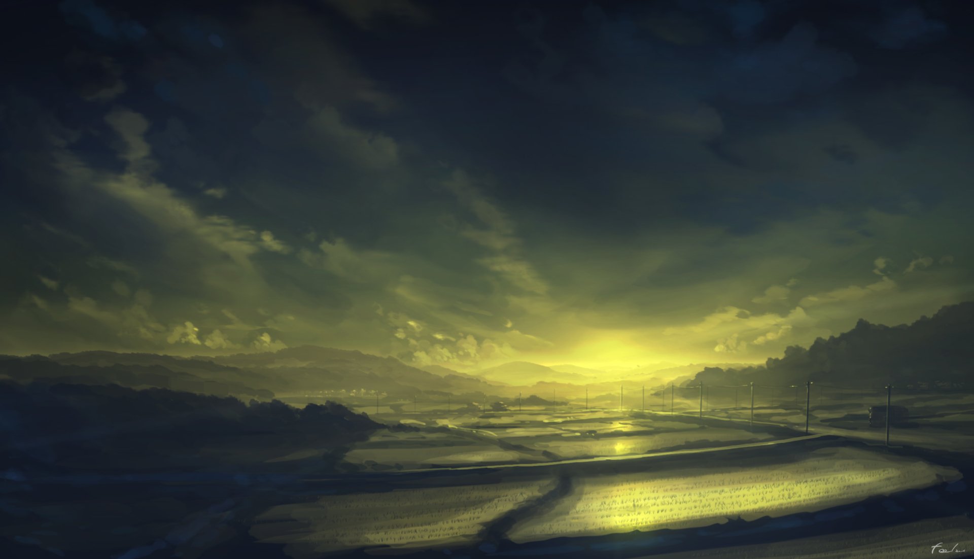 A serene anime landscape featuring expansive fields under a dramatic sky, illuminated by a soft golden light. This HD wallpaper captures the beauty of nature in an original style.